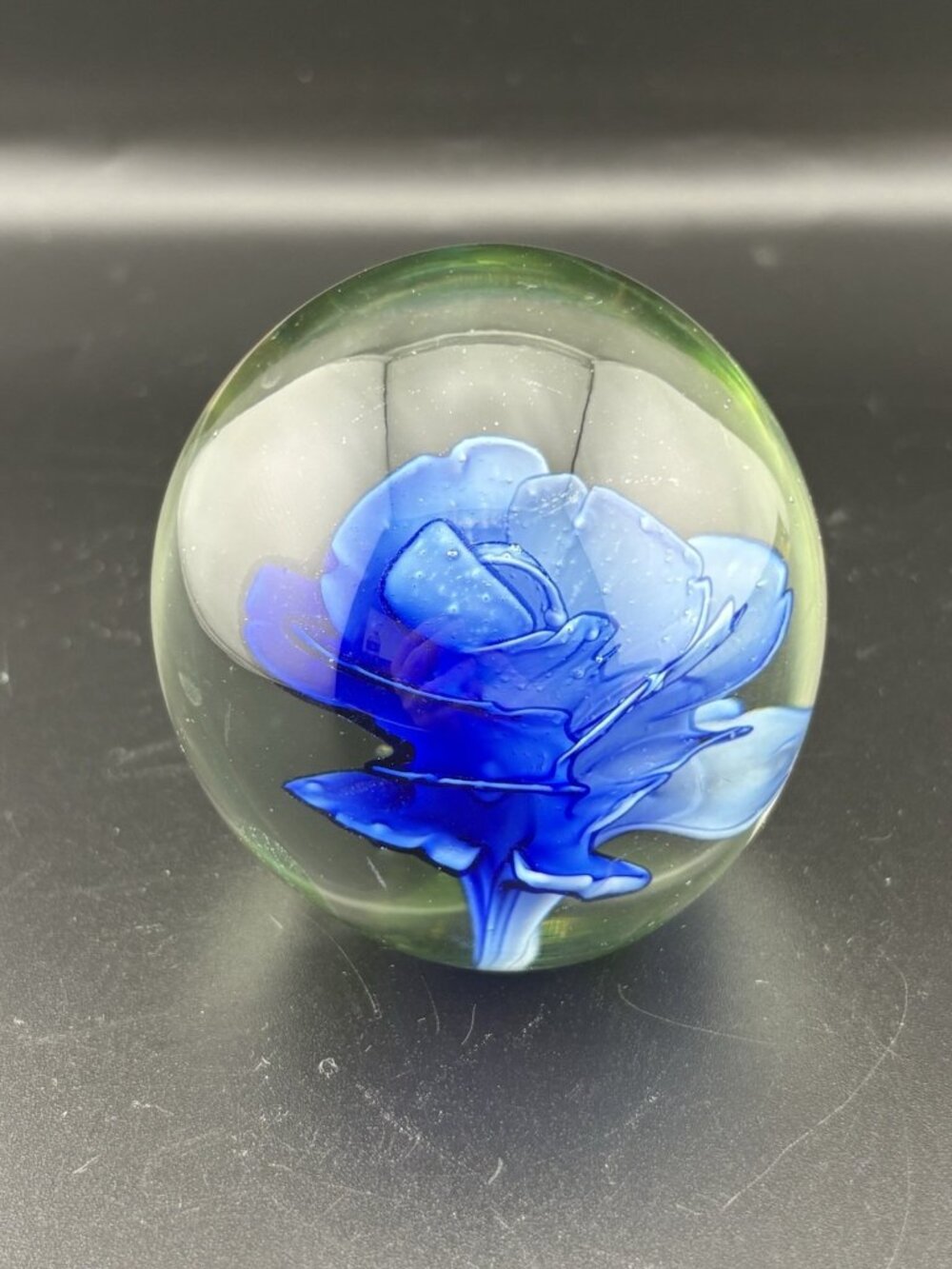 Art Glass Paperweight Blue Flower Floral Burst Clear Round Bubbles Rose Floral